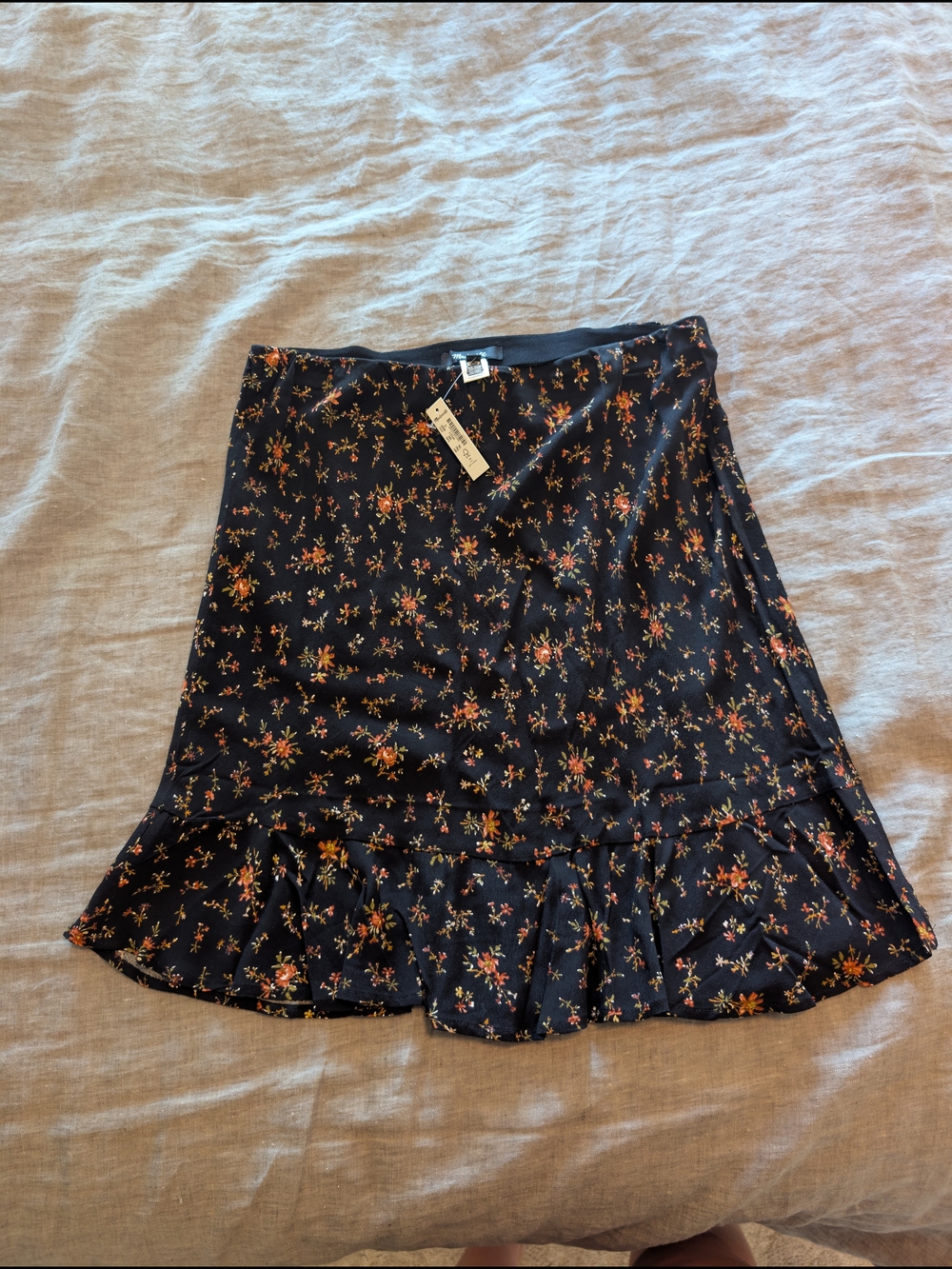 Madewell Black Floral Ruffle-Hem A-Line Skirt